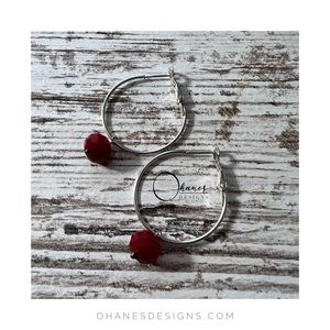 Silver Tone Hope Earring With Red Crystal Drops